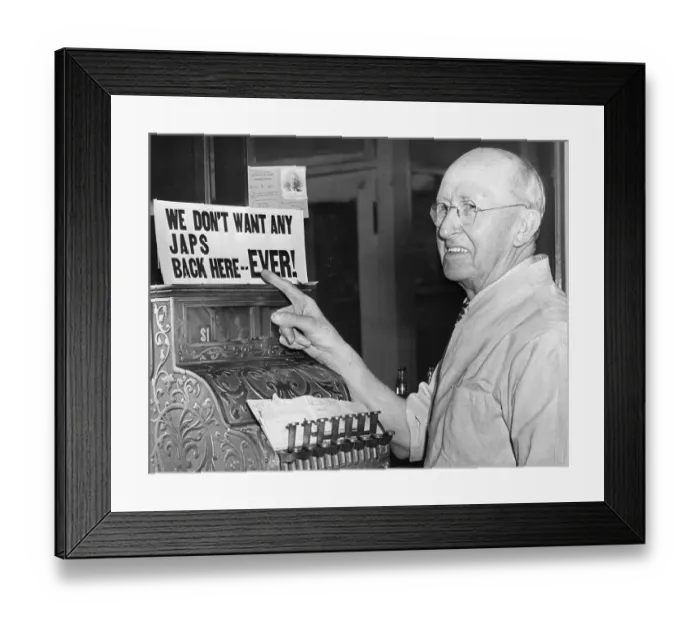 Framed Print : Barber Points to Anti-Japanese Sign Framed Print : Barber Points to Anti-Japanese Sign