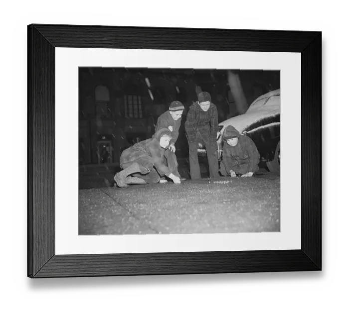 Framed Print : Boys Play Marbles Under Falling Snow Framed Print : Boys Play Marbles Under Falling Snow