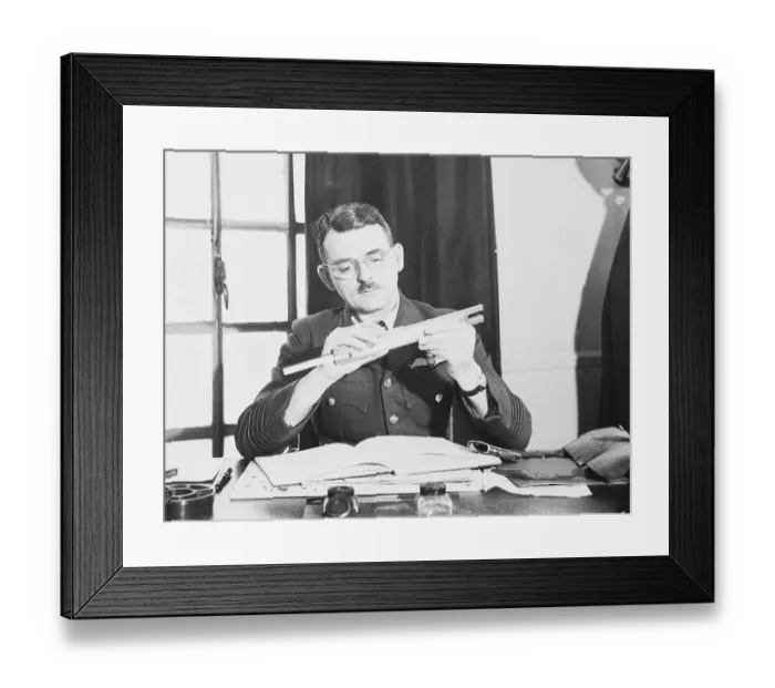 Framed Print : Captain Frank Whittle Using Slide Rule at His Desk Framed Print : Captain Frank Whittle Using Slide Rule at His Desk