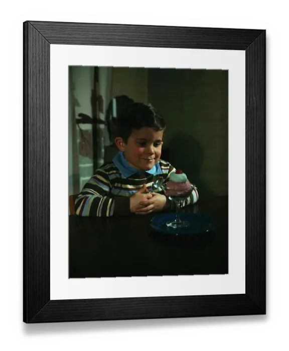 Framed Print : Boy Looking at Dish of Ice Cream Framed Print : Boy Looking at Dish of Ice Cream
