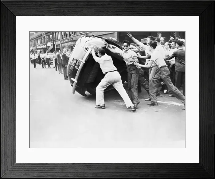 Framed Print : Rioters Toppling a Car Framed Print : Rioters Toppling a Car