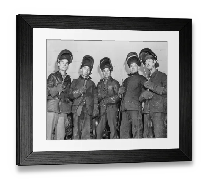 Framed Print : Five Chinese Men In Welder Gear, Tools Framed Print : Five Chinese Men In Welder Gear, Tools