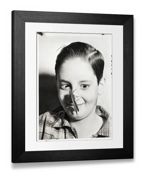 Framed Print : Boy With Grasshopper on His Nose Framed Print : Boy With Grasshopper on His Nose