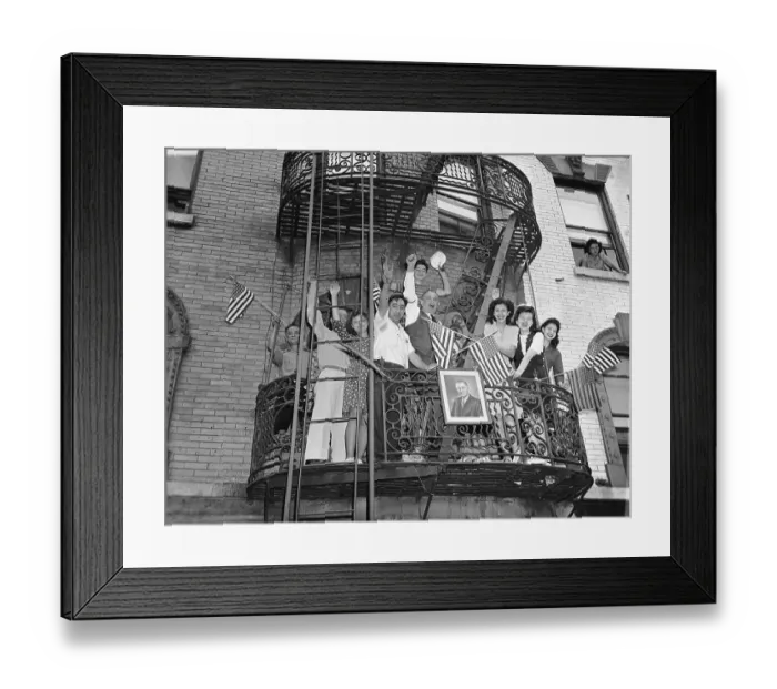 Framed Print : Family Waving American Flags on Fire Escape Framed Print : Family Waving American Flags on Fire Escape
