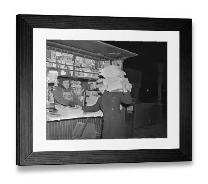 Framed Print : Newsstand Vendor Shaking Hand of Man Delivering Papers