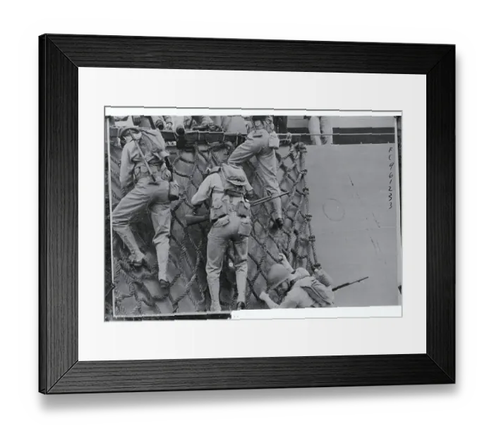 Framed Print : Soldiers Climbing Net on Ship Framed Print : Soldiers Climbing Net on Ship