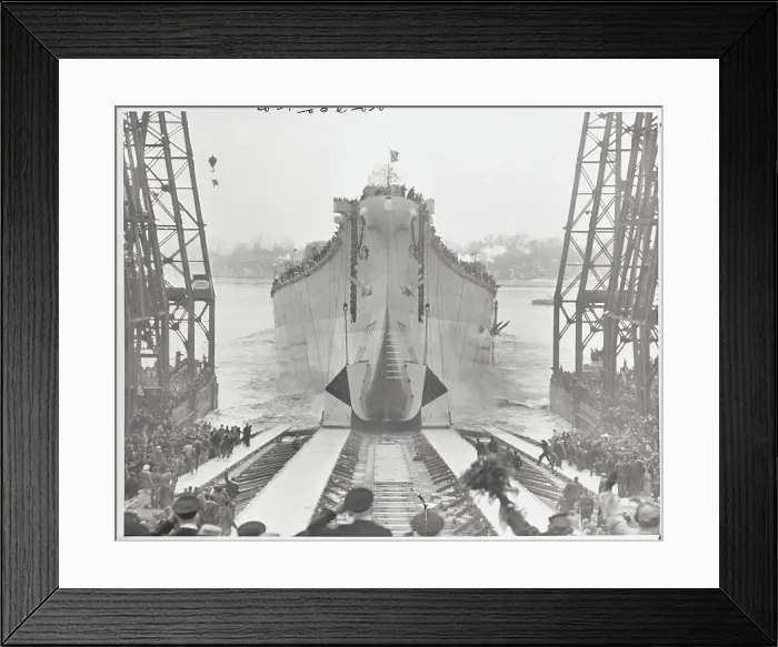 Framed Print : Battleship Launching into Water Framed Print : Battleship Launching into Water