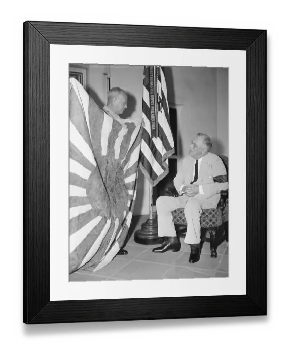 Framed Print : Franklin Delano Roosevelt Look at Japanese Battle Flag Framed Print : Franklin Delano Roosevelt Look at Japanese Battle Flag