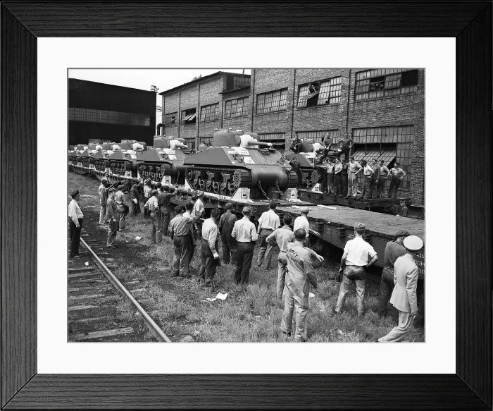 Framed Print : Factory Workers Watch Tanks Coming off the Assembly Line Framed Print : Factory Workers Watch Tanks Coming off the Assembly Line