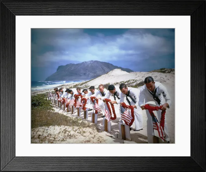 Framed Print : Navy Men Placing Hawaiian Leis on Gravesite of War Heroes Framed Print : Navy Men Placing Hawaiian Leis on Gravesite of War Heroes