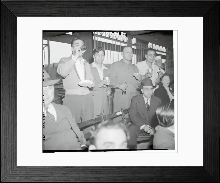Framed Print : Baseball Fans Standing Having Hot Dogs and Cokes Framed Print : Baseball Fans Standing Having Hot Dogs and Cokes