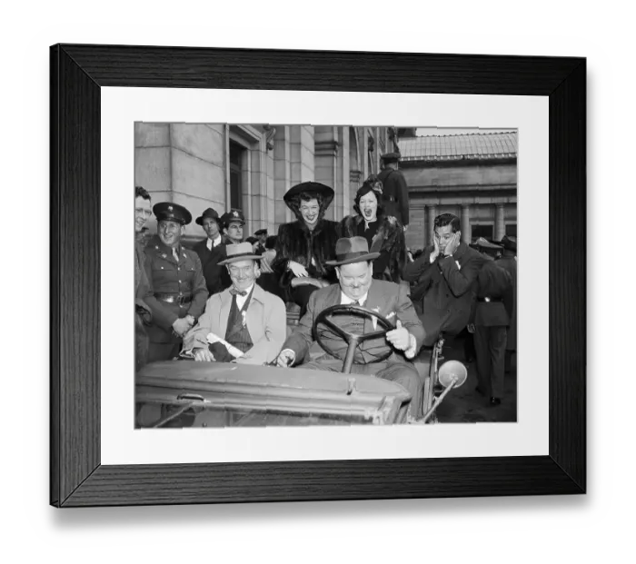 Framed Print : Laurel, Hardy, Others Around Army Jeep