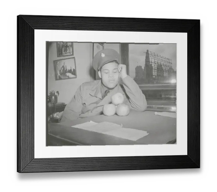 Framed Print : Boxing Champion Joe Louis Relaxing as a Soldier with Apple Display Framed Print : Boxing Champion Joe Louis Relaxing as a Soldier with Apple Display