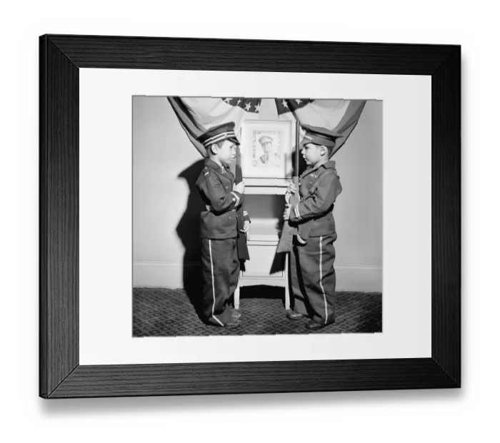 Framed Print : Boys in Military Costume Posing Face to Face Framed Print : Boys in Military Costume Posing Face to Face