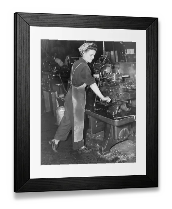 Framed Print : Woman Works Turret Lathe in Machine Shop