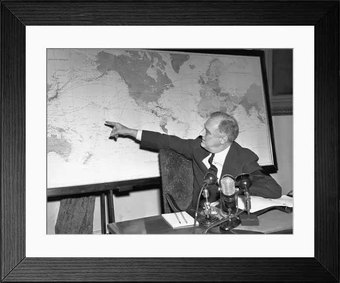 Framed Print : President Franklin D. Roosevelt Pointing at World Map Framed Print : President Franklin D. Roosevelt Pointing at World Map