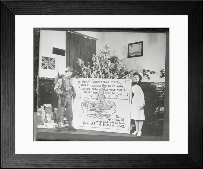 Framed Print : US Soldier with Large Holiday Card While Overseas Framed Print : US Soldier with Large Holiday Card While Overseas