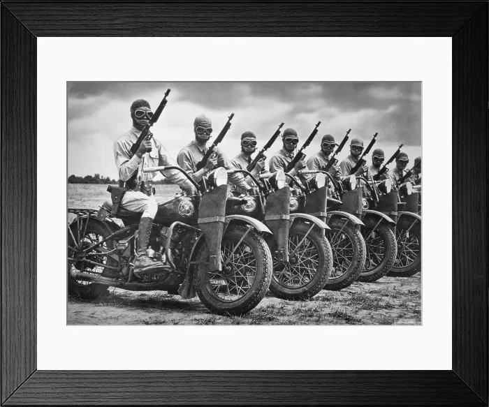 Framed Print : Soldiers Lined Up on Harley Davidson Motorcycles Framed Print : Soldiers Lined Up on Harley Davidson Motorcycles