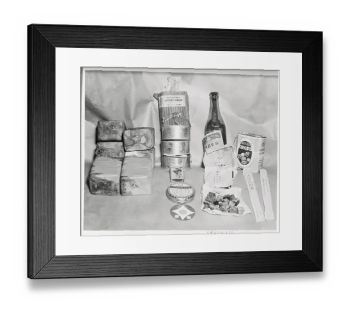 Framed Print : Display of Food Supplies from Japanese Military Planes