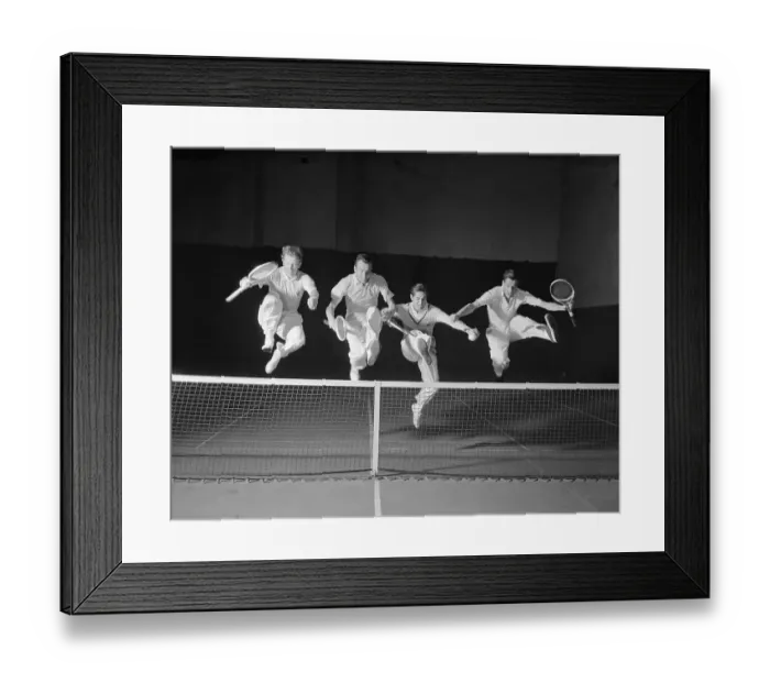 Framed Print : Tennis Stars Jumping Over Net Framed Print : Tennis Stars Jumping Over Net