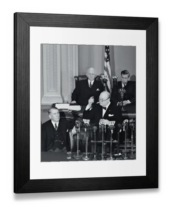 Framed Print : Winston Churchill Speaking at Network Microphones at Congress