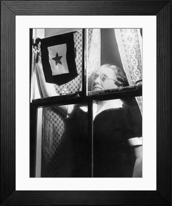 Framed Print : Service Flag Placed in Window of War Hero Framed Print : Service Flag Placed in Window of War Hero