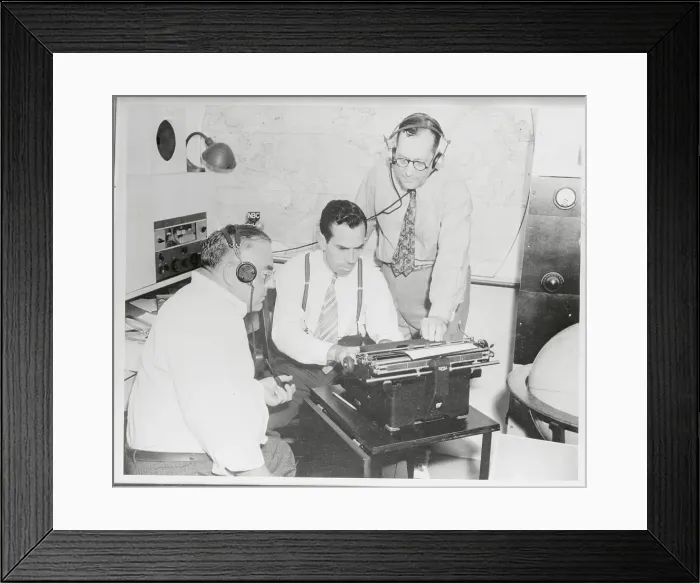Framed Print : Radio Broadcasters Working on Script at Typewriter Framed Print : Radio Broadcasters Working on Script at Typewriter