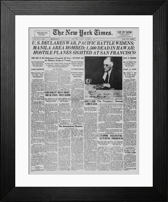 Framed Print : New York Times Headline Declaring War on Japan Framed Print : New York Times Headline Declaring War on Japan