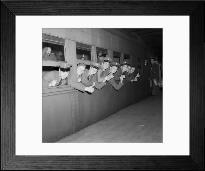 Framed Print : American Troops Leaning from Train Window En Route to Camp Framed Print : American Troops Leaning from Train Window En Route to Camp
