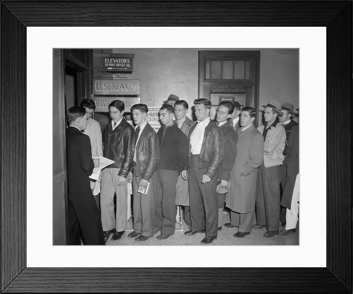 Framed Print : Young Men Waiting Online to Enlist in the Army Framed Print : Young Men Waiting Online to Enlist in the Army