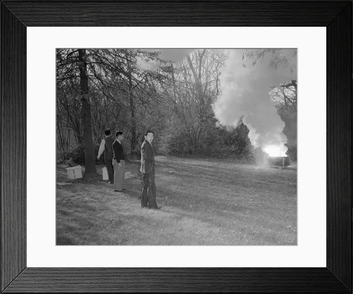 Framed Print : Japanese Embassy Workers Guarding Burning Documents on Lawn Framed Print : Japanese Embassy Workers Guarding Burning Documents on Lawn