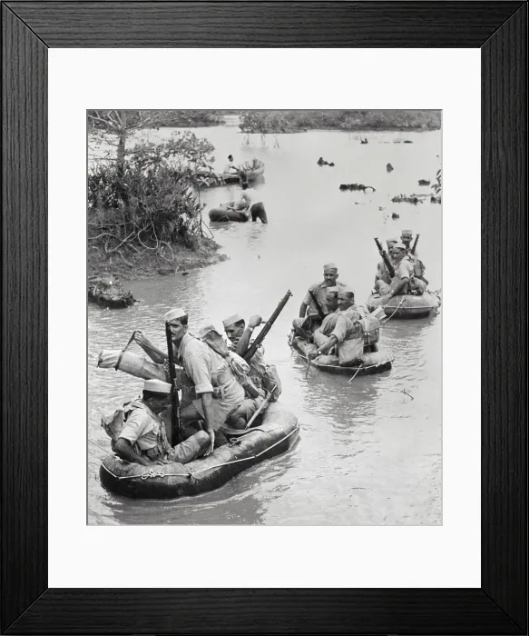 Framed Print : Soldiers Rowing Boat in Water
