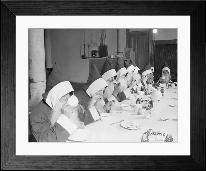 Framed Print : Group of Santas Eating Lunch Framed Print : Group of Santas Eating Lunch