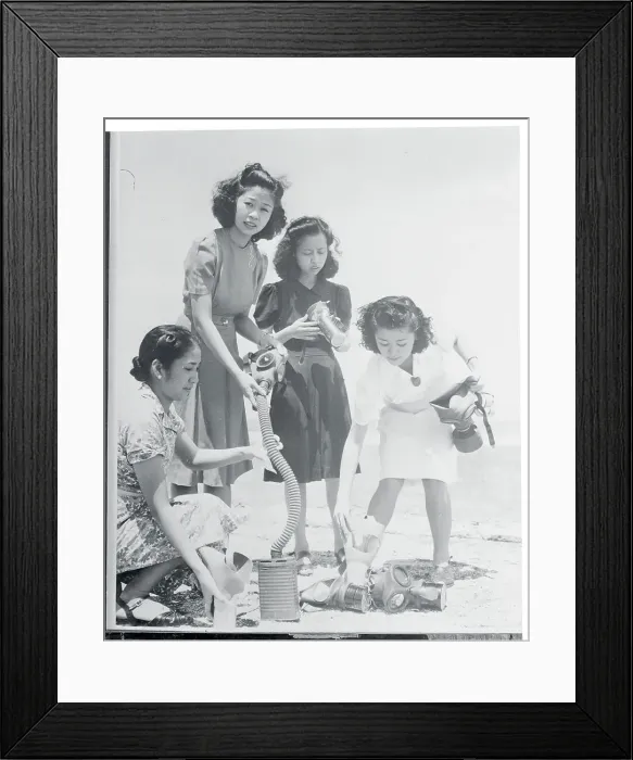 Framed Print : Young Children Being Instructed on Gas Mask Framed Print : Young Children Being Instructed on Gas Mask