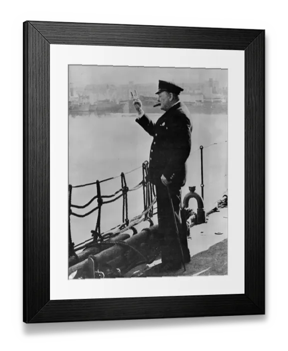 Framed Print : Prime Minister Winston Churchill Gesturing from Ship Framed Print : Prime Minister Winston Churchill Gesturing from Ship