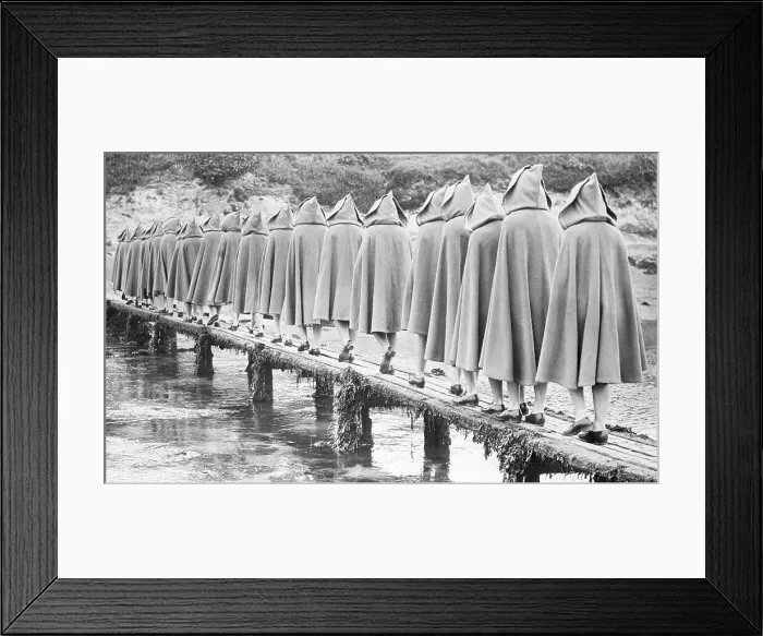 Framed Print : Girls In Hoods And Capes Along A Pier Framed Print : Girls In Hoods And Capes Along A Pier