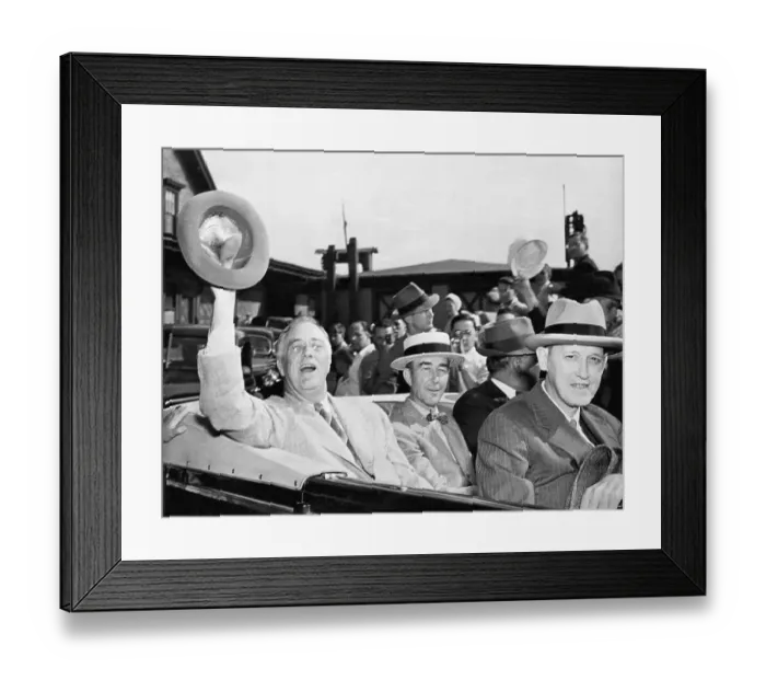 Framed Print : Franklin Roosevelt Waving from a Car Framed Print : Franklin Roosevelt Waving from a Car
