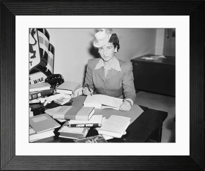 Framed Print : Author Helen MacInnes at Desk with Books Framed Print : Author Helen MacInnes at Desk with Books