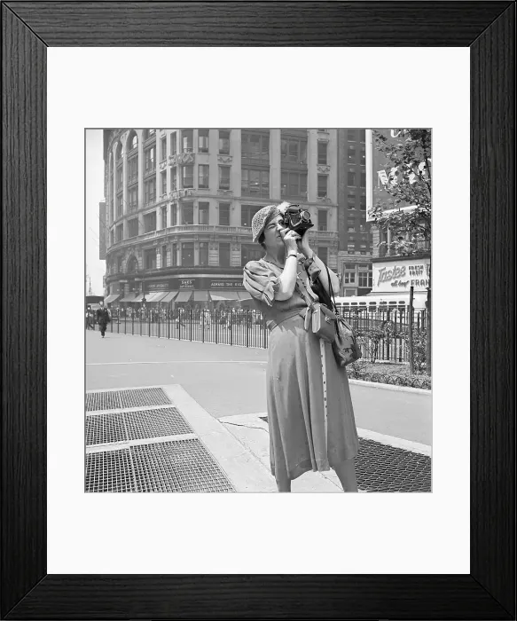 Framed Print : Woman Standing on Street Photographing Framed Print : Woman Standing on Street Photographing