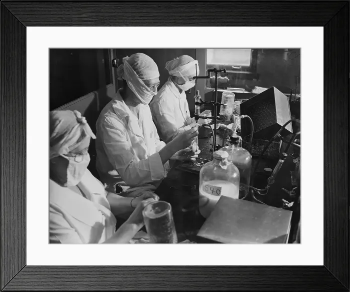 Framed Print : Women Wear Masks In Lab; Fill Vials Framed Print : Women Wear Masks In Lab; Fill Vials