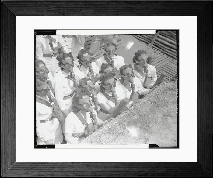 Framed Print : Female Army Nurses Wearing Gas Masks in Trench Framed Print : Female Army Nurses Wearing Gas Masks in Trench