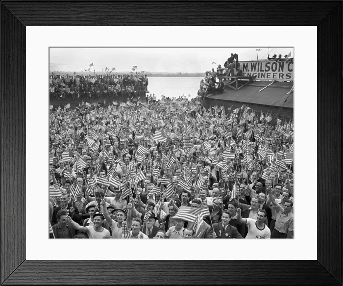 Framed Print : Employees Waving American Flags at Plant Dedication Framed Print : Employees Waving American Flags at Plant Dedication