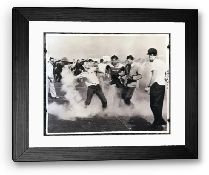Framed Print : Striking Worker Throws Tear Gas Bomb Framed Print : Striking Worker Throws Tear Gas Bomb