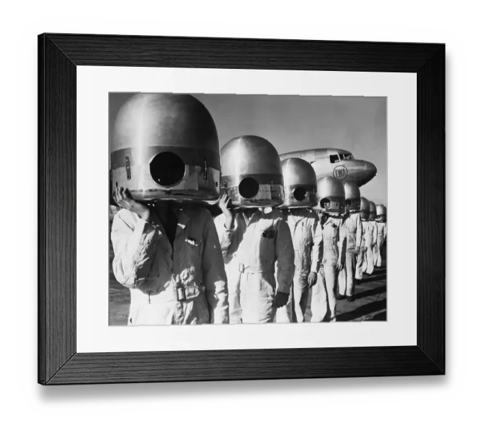 Framed Print : Mechanics with Propeller Hubs on Heads Framed Print : Mechanics with Propeller Hubs on Heads