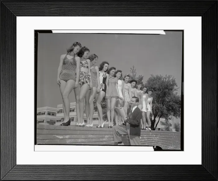 Framed Print : Walt Disney Judging a Line of Bathing Suited Women Framed Print : Walt Disney Judging a Line of Bathing Suited Women