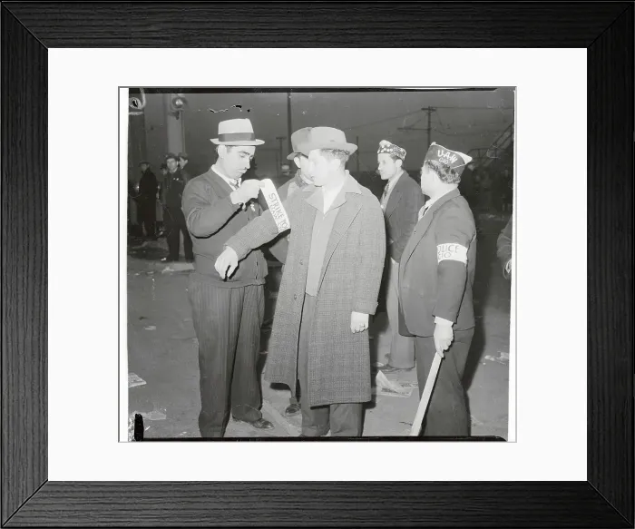 Framed Print : Automobile Employees Getting Fitted with Protest Bands Framed Print : Automobile Employees Getting Fitted with Protest Bands