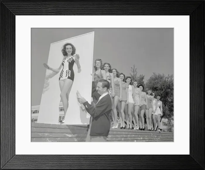 Framed Print : Walt Disney Judging a Parade of Bathing Suited Women Framed Print : Walt Disney Judging a Parade of Bathing Suited Women