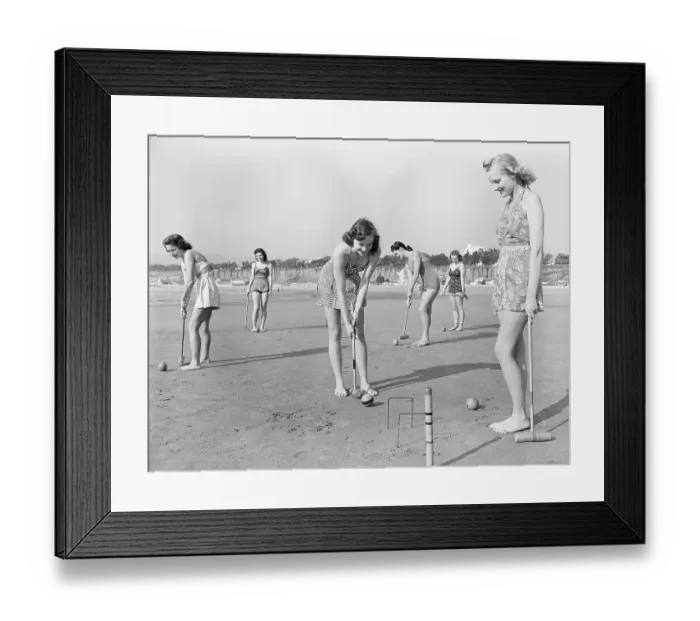 Framed Print : Girls Playing Croquet on Beach Framed Print : Girls Playing Croquet on Beach