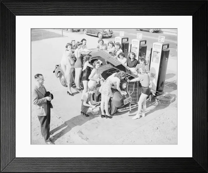 Framed Print : Women Servicing Car in Bathing Suits Framed Print : Women Servicing Car in Bathing Suits