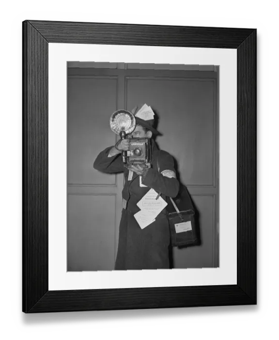 Framed Print : Cameraman with Camera, and Press Passes in His Hat Framed Print : Cameraman with Camera, and Press Passes in His Hat